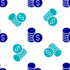 Blue Coin money with dollar symbol icon isolated seamless pattern on white background. Banking currency sign. Cash symbol. Vector.