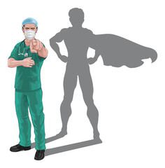 A nurse or doctor super hero in surgical or hospital scrubs with stethoscope and mask. Pointing at viewer in a we need or want you gesture. Revealed as a superhero by the shape of his shadow.