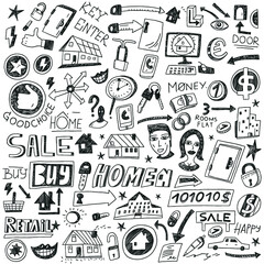 Choosing home , home sale - doodles set
