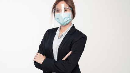 Businesswoman with face mask and Face shield  Woman  wearing protective mask. Corona virus protection.