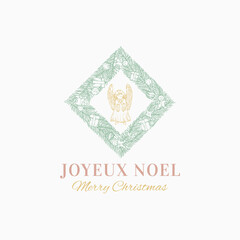 Christmas Sketch Pine Wreath, Sign, Logo, Banner or Card Template with Hand Drawn Angel. Abstract New Year Greetings Vector Illustration with Typography. Winter Holiday Illustration.