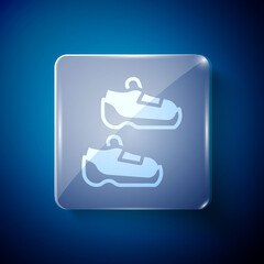 White Fitness sneakers shoes for training, running icon isolated on blue background. Sport shoes. Square glass panels. Vector.