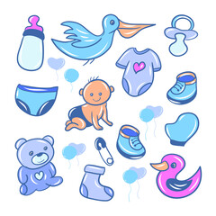 Cute Baby Supplies Vector Illustration Set. with blue and purple color
