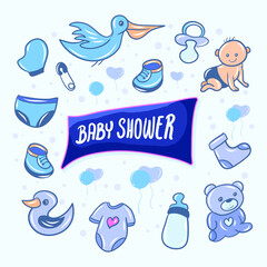 Cute Baby Baby Shower greeting card Vector. with blue and purple color
