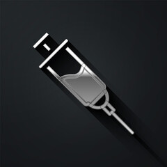 Silver Doping syringe icon isolated on black background. Long shadow style. Vector.