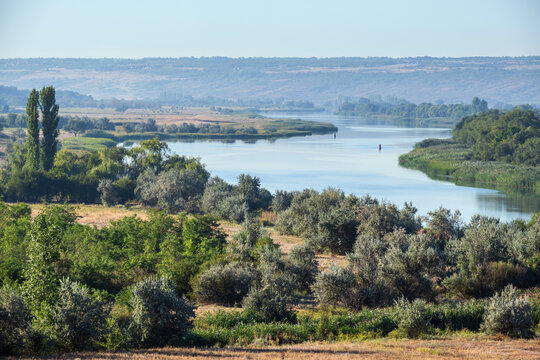 Summer countryside ladscape with Pivdennyi Buh river, Mykolaiv Region, Ukraine.