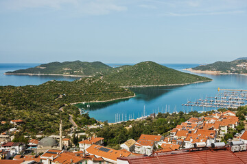 Panorama of city and bay with surrounding landscape at morning, Kas, Turkey