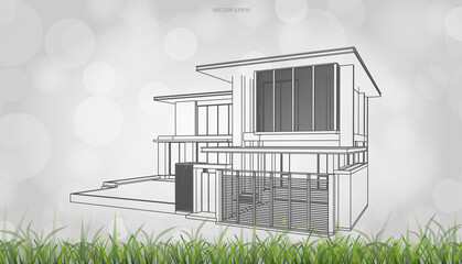 Conceptual image of house perspective render. 3D wireframe rendering with light blurred bokeh background. Vector.