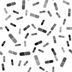 Black Vitamin complex of pill capsule icon isolated seamless pattern on white background. Healthy lifestyle. Vector.