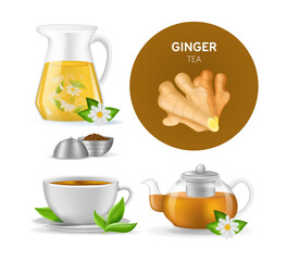 Realistic ceramic cup with hot fresh black tea on saucer with mint leaves, ginger tea, teapots with ginger root, ground roots in tea leaves vector