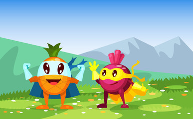 Funny cartoon character vegetable beet in superhero costume at masks emotion, pineapple with hands up. Fruit together, lemon happily welcomes other fruits character vector
