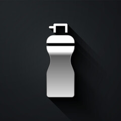 Silver Fitness shaker icon isolated on black background. Sports shaker bottle with lid for water and protein cocktails. Long shadow style. Vector.