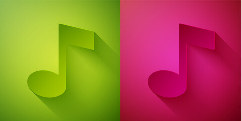 Paper cut Music note, tone icon isolated on green and pink background. Paper art style. Vector.