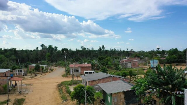 Aerial shot flying over an impoverished indigenous slum outside the city of Manaus in Brazil