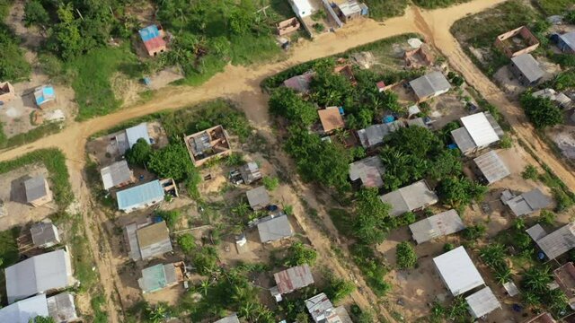 Birds eye aerial shot of an indigenous slum outside the city of Manaus, Brazil. 