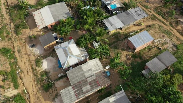 Aerial birds eye view of an impoverished indigenous slum near Manaus, Brazil. 