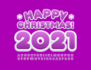 Vector cute greeting card Happy Christmas 2021! Violet and White Font for Children. Creative Alphabet Letters and Numbers set