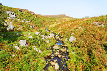 Burbage Brook trickles down a narrow valley on a misty Derbyshire morning
