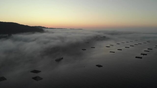 The sun disappears on a cost half covered by mist; aerial view; a large yacht and mussel beds are seen under the fog