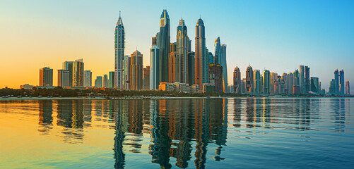Amazing and Luxury Dubai Marina - famous Jumeirah beach at sunrise, United Arab Emirates
