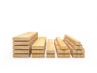 Wooden boards are stacked in stacks isolated on white background. 3D illustration