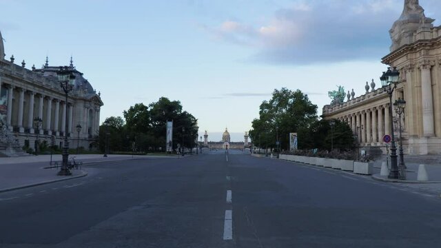 Petit and Grand Palais street empty during corona virus outbreak, dolly in wide shot during morning