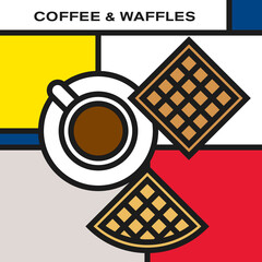 Coffee cup with two waffles. Modern style art with rectangular colour blocks. Piet Mondrian style pattern.