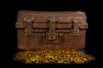 Stacking Gold Coin in treasure chest  on black background