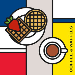 Coffee cup with square and round waffles and strawberry. Modern style art with rectangular colour blocks. Piet Mondrian style pattern.