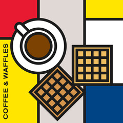 Coffee cup with two square waffles. Modern style art with rectangular colour blocks. Piet Mondrian style pattern.