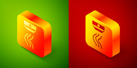 Isometric Smoke alarm system icon isolated on green and red background. Smoke detector. Square button. Vector.