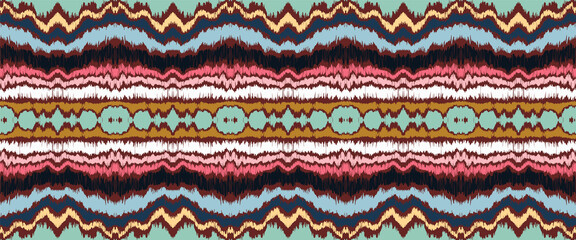 Ikat border. Geometric folk ornament. Ink on clothes. Tribal vector texture. Seamless striped pattern in Aztec style. Ethnic embroidery. Indian, Scandinavian, Gypsy, Mexican, African rug.
