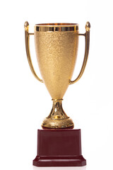 Golden trophy cup isolated on white background. Trophy is tangible, durable reminder of specific achievement, serves as recognition evidence of merit, awarded for sporting events