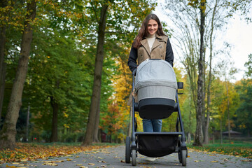 Woman in coat walking with a stroller in the park.