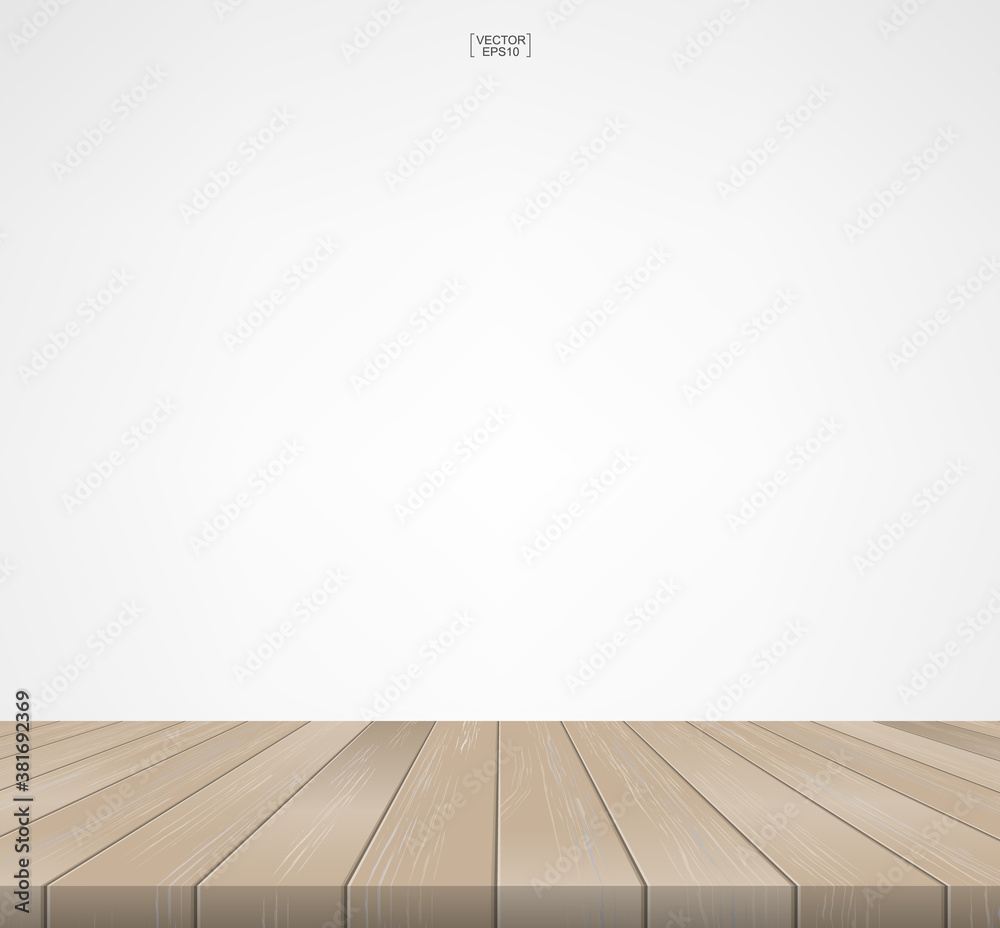 Wall mural Wood floor pattern and texture for background. Perspective view of wooden floor on white background with area for copy space. Wooden terrace or deck pattern and texture. Vector.