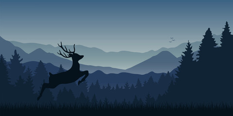 jumping moose in wildlife on blue mountain and forest landscape vector illustration EPS10