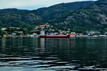 Fototapeta na wymiar Ship sailing in Osterfjord, Norway