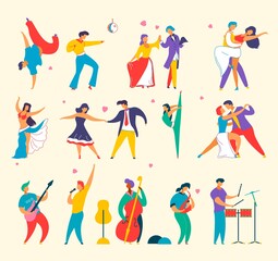 Fototapeta na wymiar Flat cartoon characters people dancing, playing music