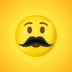 High quality emoticon. Yellow face with mustaches. Father's day emoji. Mustache emoji. Big smile in 3D. Vector illustration.