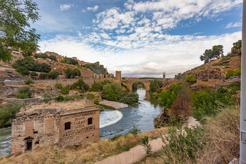 Landscape of the city of Toledo with the Tagus river and the Alcazar of Toledo