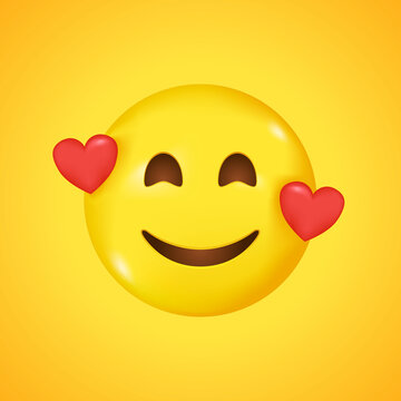 Smiling emoticon with two hearts. Big smile in 3D. Vector illustration.