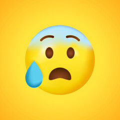 Anxious Face with Sweat. Blue face emoji with sweat. Big smile in 3D. Vector illustration.