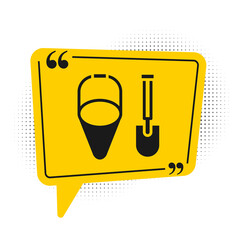 Black Fire shovel and cone bucket icon isolated on white background. Yellow speech bubble symbol. Vector.