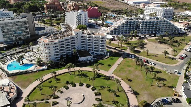 Cala Millor, Popular Vacation Resort City on Mediterranean Sea, Mallorca Island, Spain. Aerial View of Circular Park and Hotels, Drone Shot