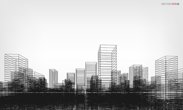 Perspective 3D render of city wireframe. Wireframe city background of building. Vector.