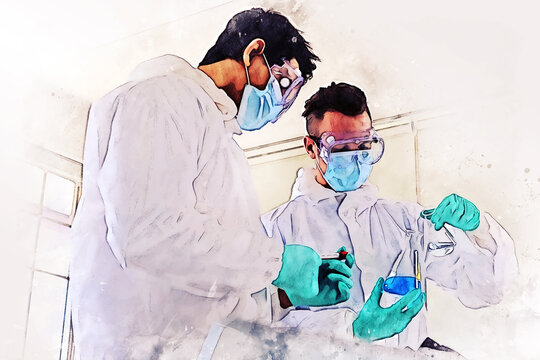 Abstract colorful young men scientist testing and checking in lab room on watercolor illustration painting background.