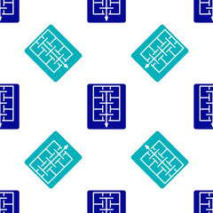 Blue Evacuation plan icon isolated seamless pattern on white background. Fire escape plan. Vector.