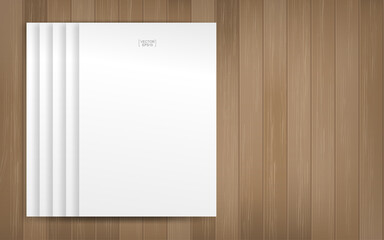 White paper sheet on wood texture background. Vector.