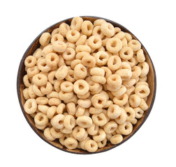 healthy cereal rings in wooden bowl on white