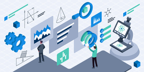 Isometric vector illustration of R and D management - obrazy, fototapety, plakaty